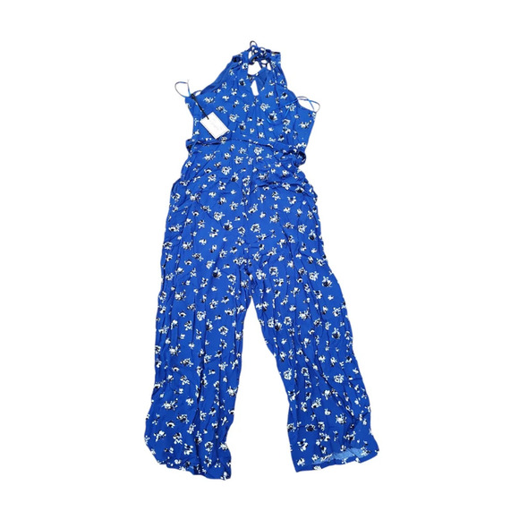 1. STATE Cabana Blue Floral Spaghetti Strap Keyhole Wide Leg Jumpsuit Size 4 - Picture 8 of 9